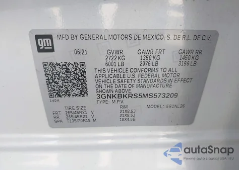 2021 Chevrolet Blazer Awd Rs z USA, uszkodzony, nr VIN 3GNKBKRS5MS573209